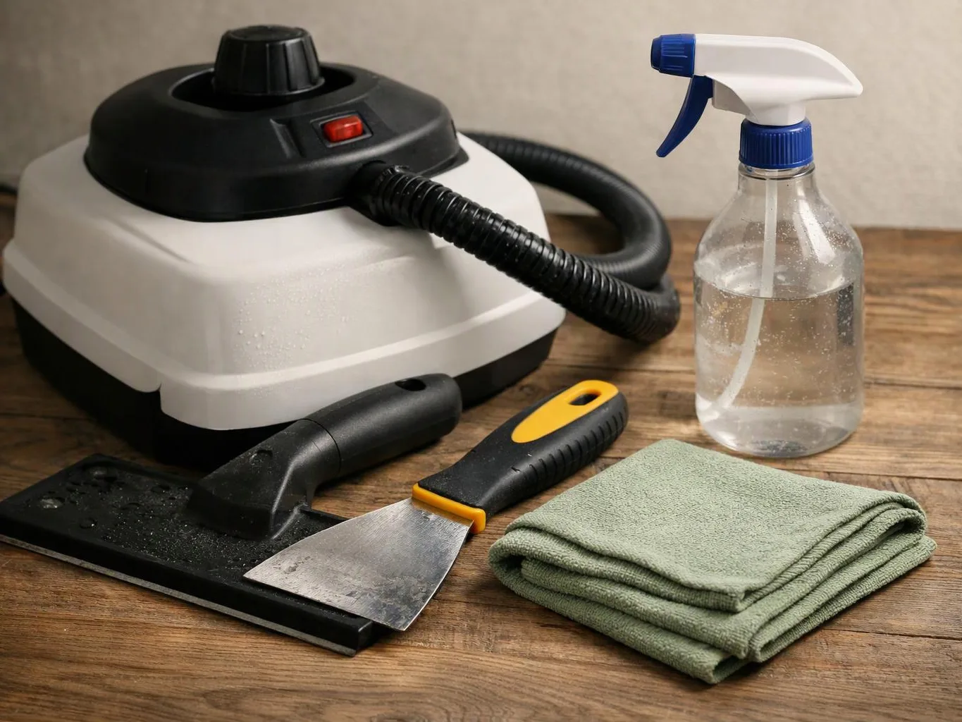 Steam cleaner, scraper, spray bottle, and folded cloth sit on a wooden surface