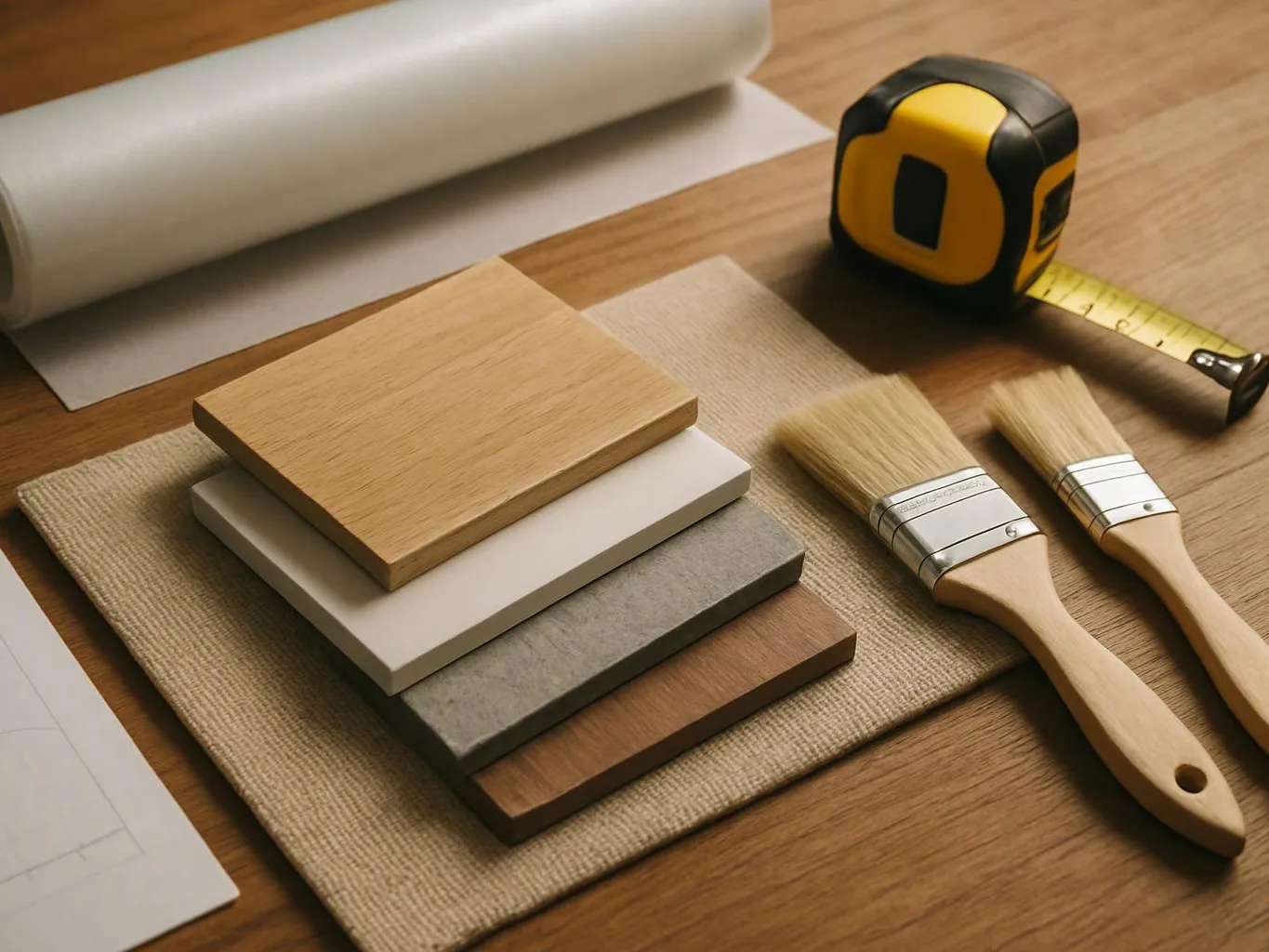 A tabletop shows stacked wood and tile samples beside two paintbrushes and a tape measure