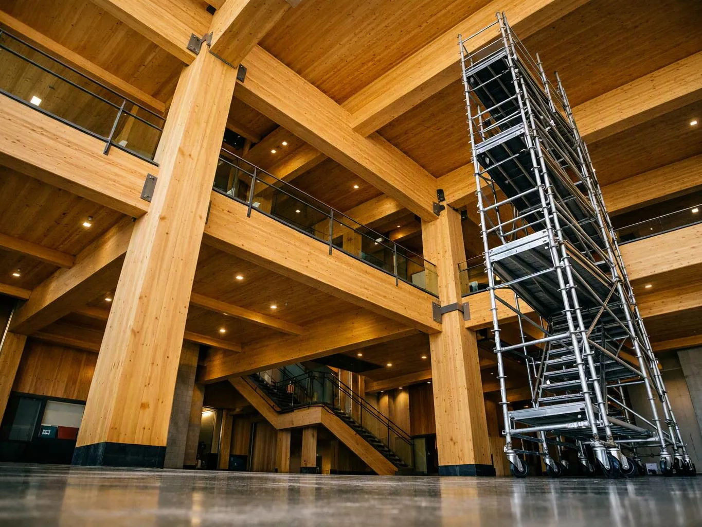 A tall metal scaffolding tower stands in a spacious wooden interior with beams, stairs, and railings