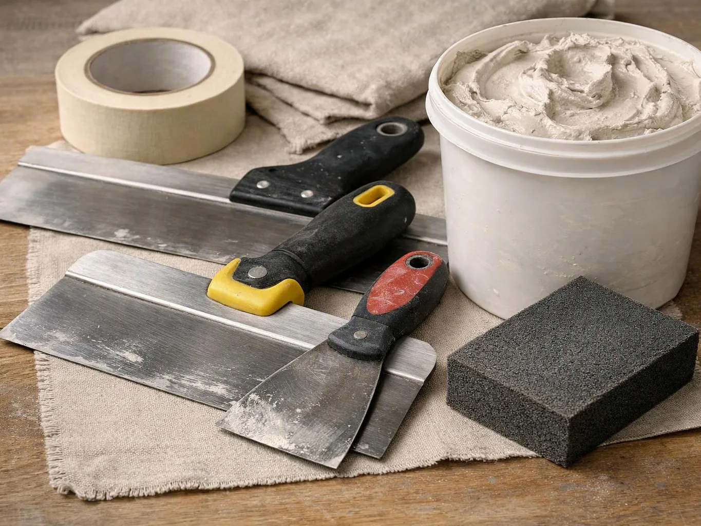 Three putty knives, masking tape, a putty bucket, and a sanding block sit on a cloth-covered workbench