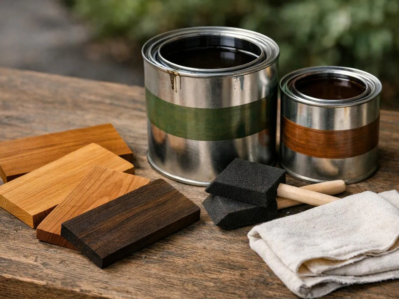 Two open paint cans, wood samples, foam brushes, and a cloth sit on a wooden table outdoors