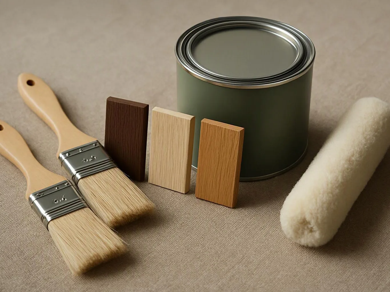 Two paintbrushes, a paint can, color swatches, and a foam roller rest on a beige surface