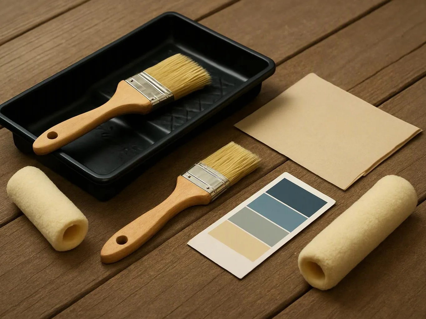Two paintbrushes, two rollers, a tray, blank paper, and a color swatch lie on a wooden table