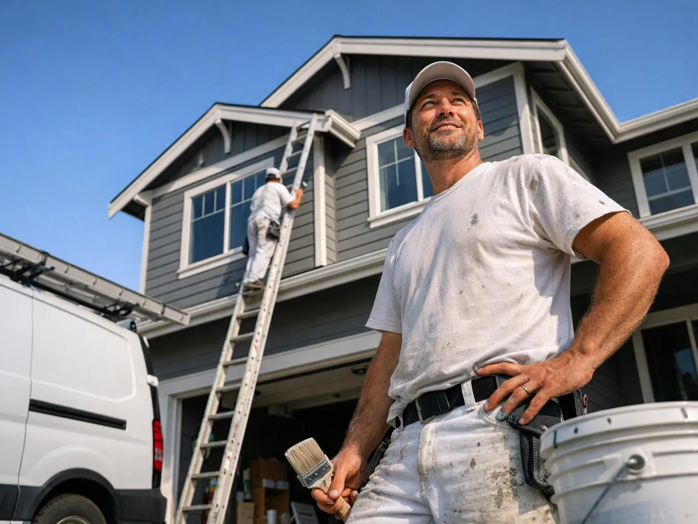 Two painters work on a gray house exterior, one standing with a brush while another climbs a ladder