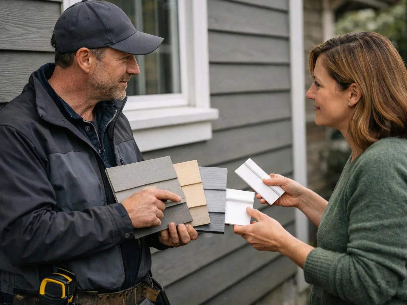 Two people compare exterior paint samples beside a gray house wall and window