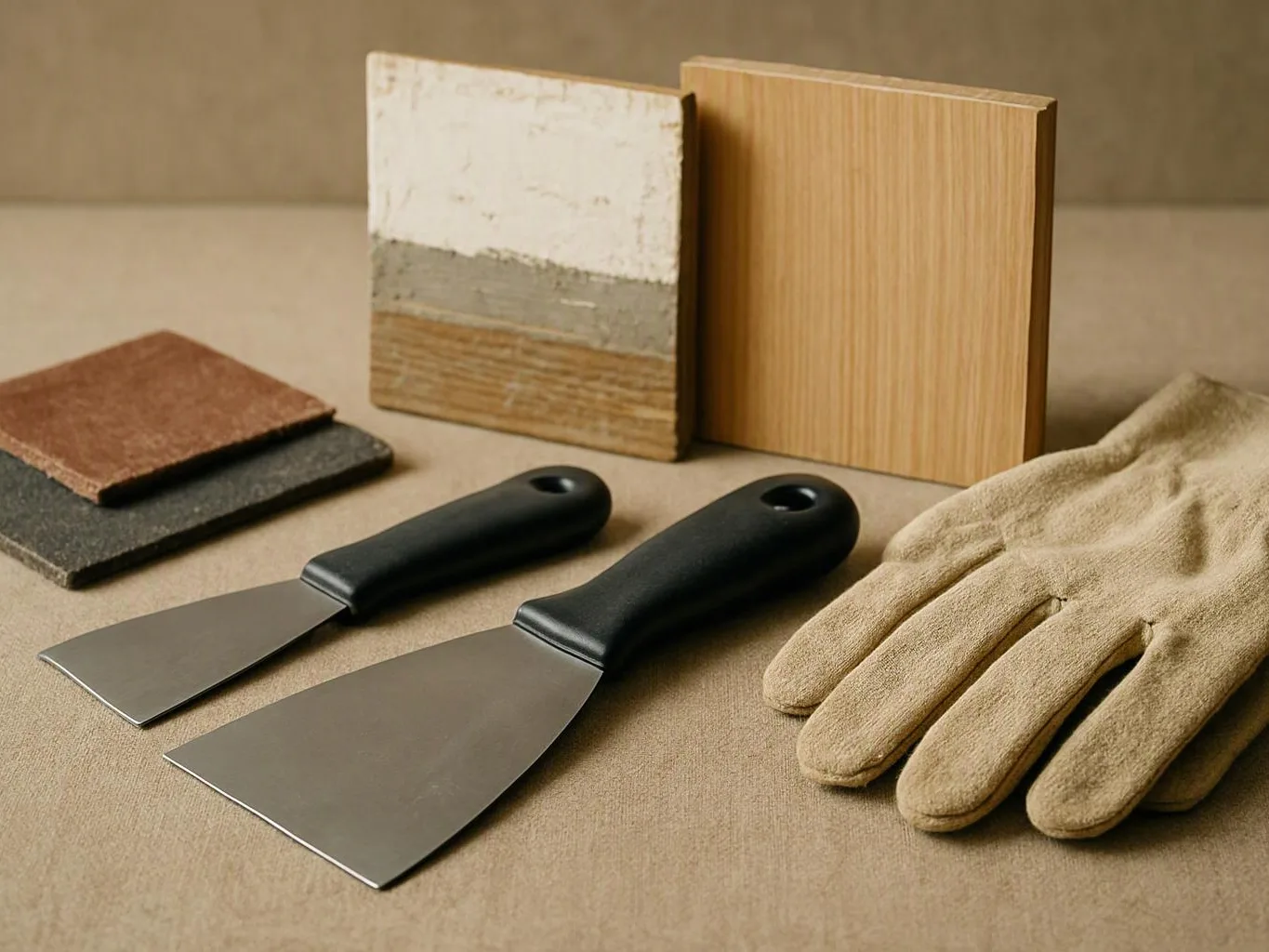 Two putty knives, sandpaper squares, sample boards, and a work glove lie on a beige surface