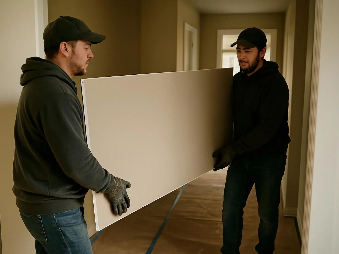 Two workers in caps carry a large white panel through a narrow hallway indoors