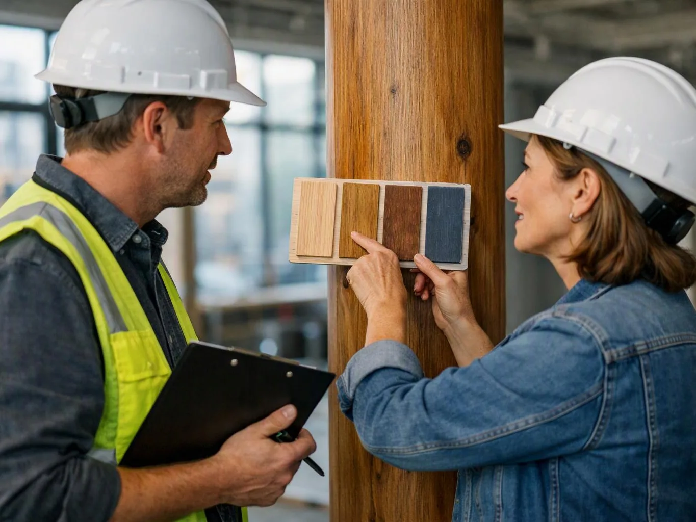 Two workers in hard hats inspect wood samples beside a wooden column in a bright indoor construction site