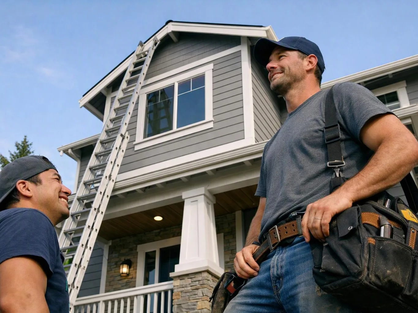 Two workers stand by a house with a ladder leaning up to an upper window