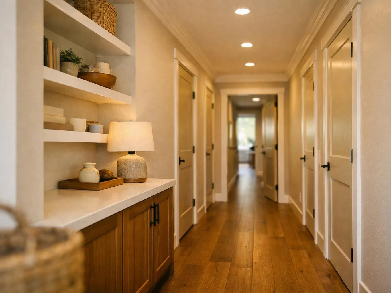 A warm hallway with wooden floors, white doors, and shelves holding decor beside a lit table lamp
