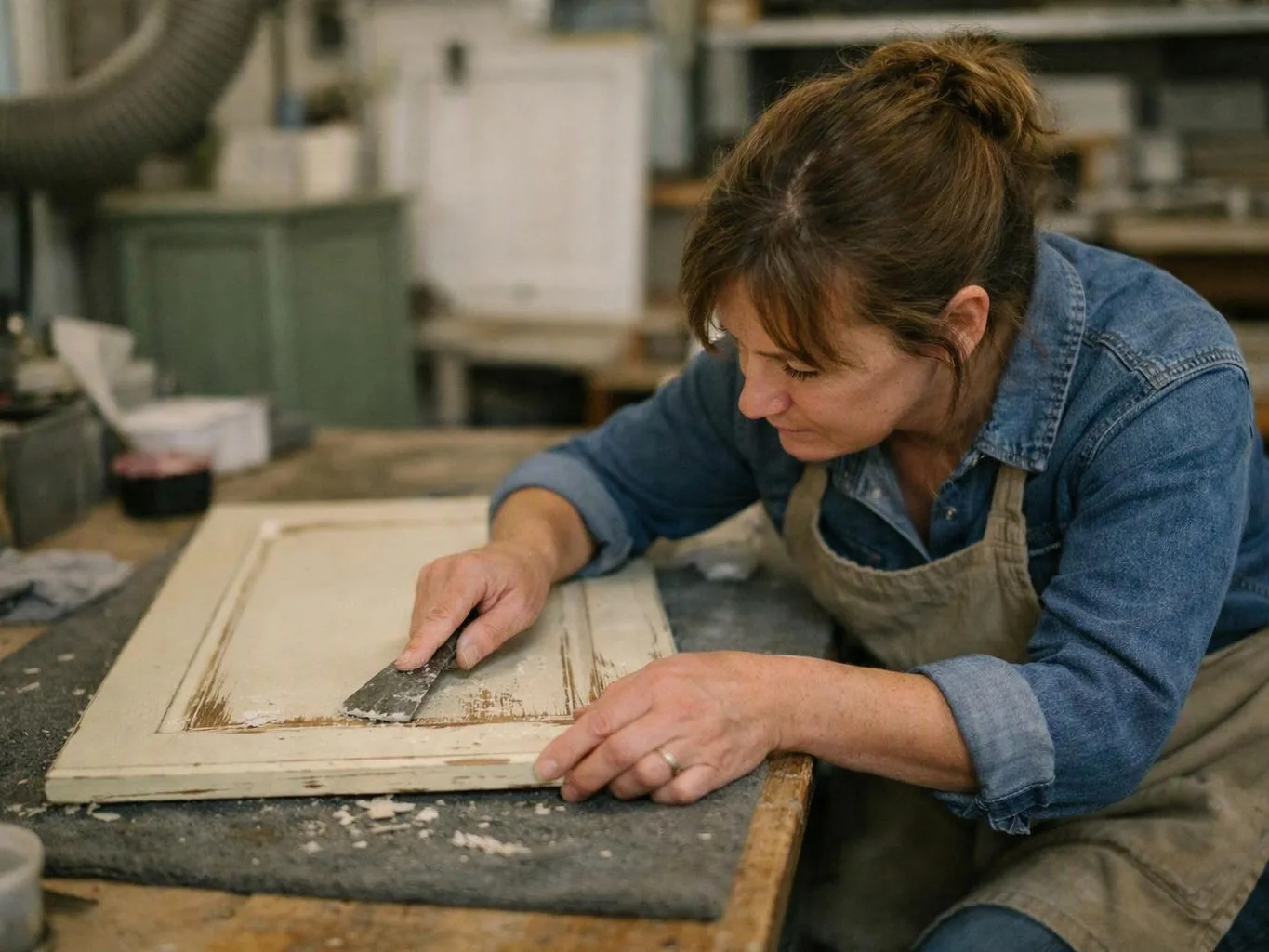A woman in an apron scrapes paint from a wooden cabinet door at a workbench