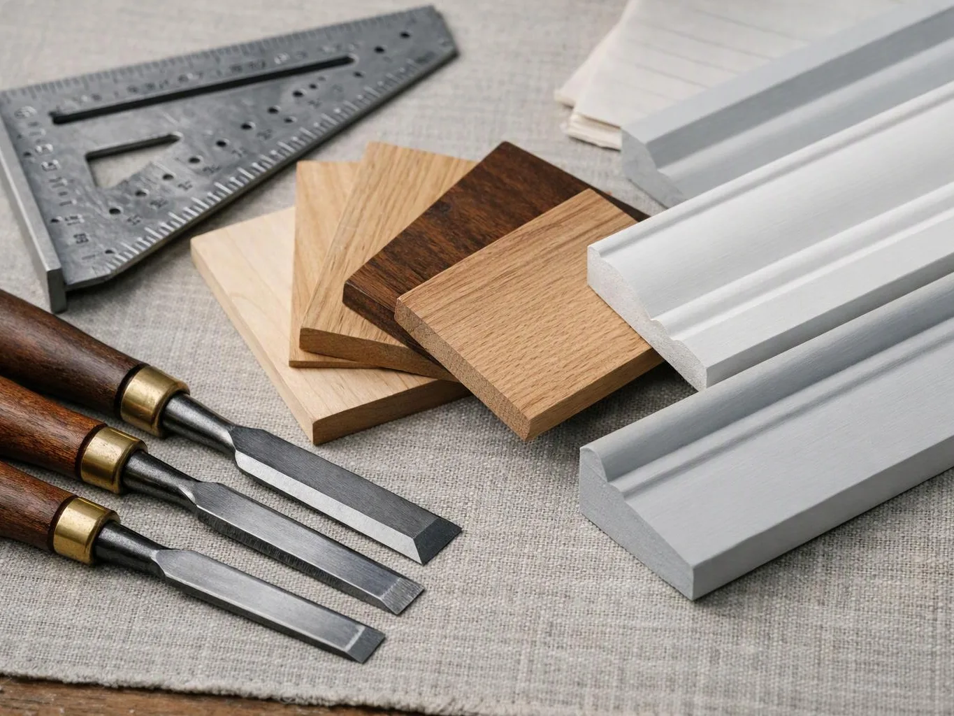 Wood samples, white molding pieces, a metal square, and three chisels lie on a fabric surface
