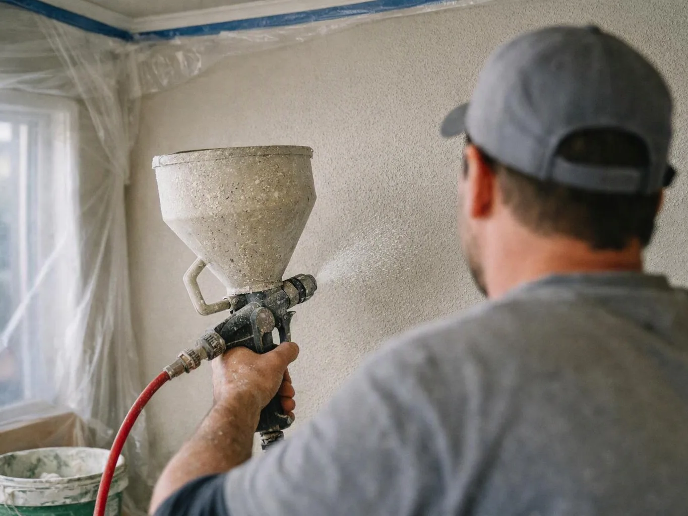 A worker sprays textured coating on a wall inside a room covered with plastic sheeting