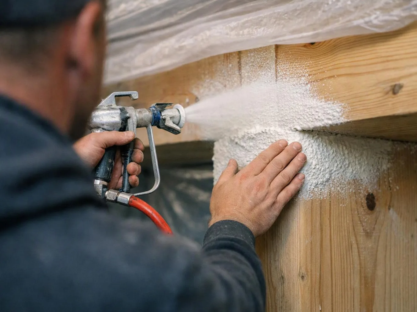 A worker sprays white foam insulation onto a wooden beam while steadying the surface with one hand