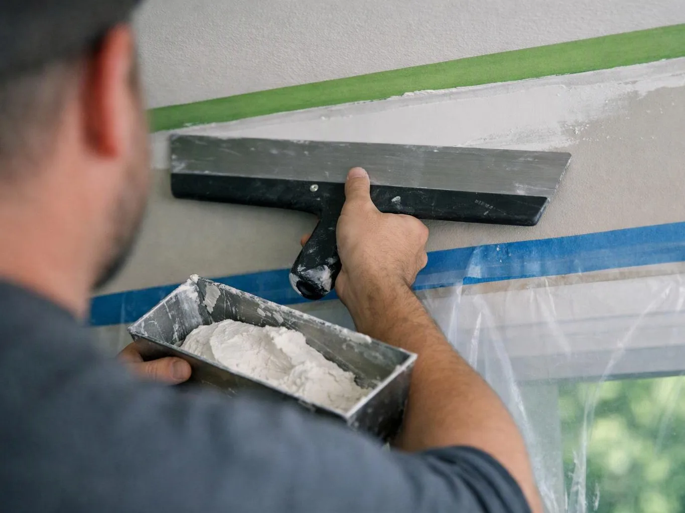 A worker spreads joint compound on a wall with a trowel while holding a mud pan